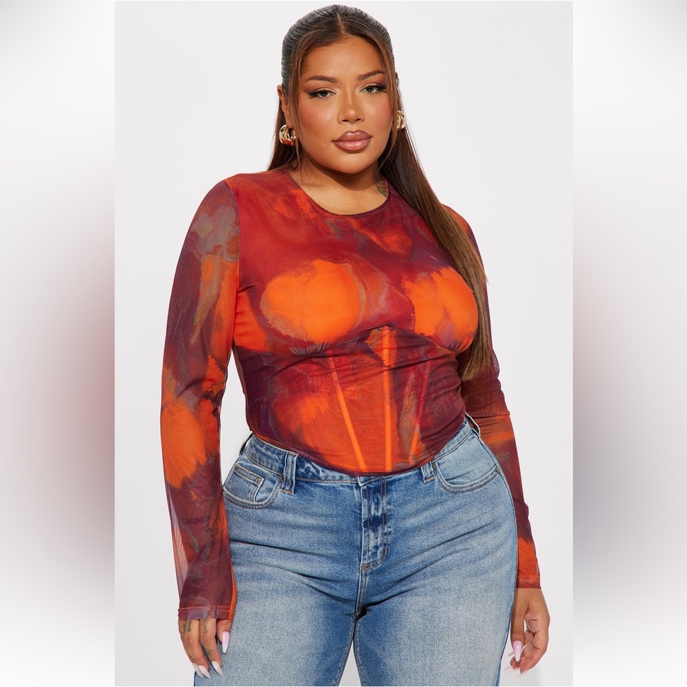 Fashion Nova My Moment Fiery Orange and Red Mesh Blouse